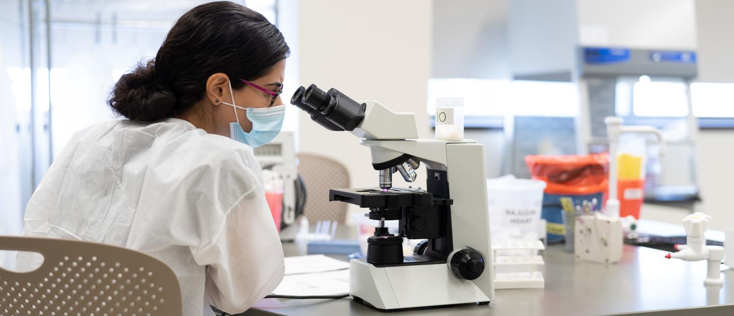 A woman in a lab looking into a microscope.